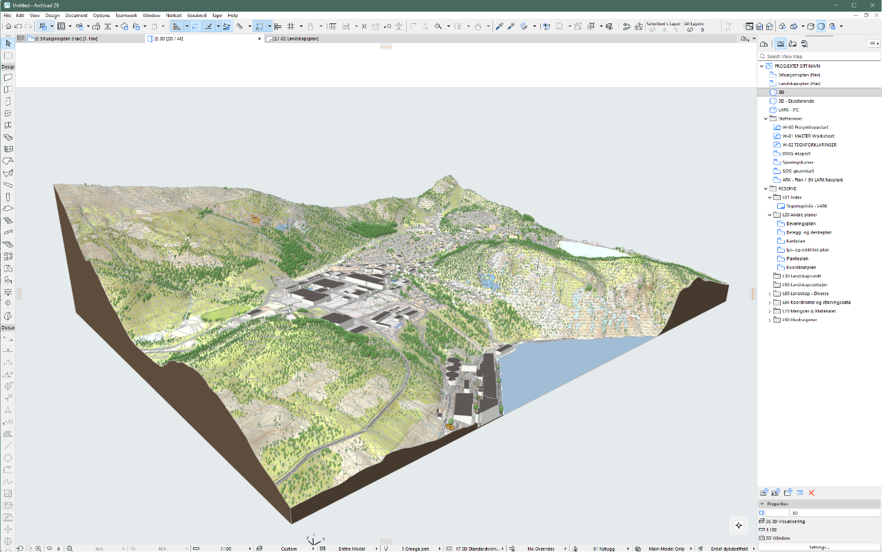 Archicad with the GeoAnvil plugin open and a complete map imported
