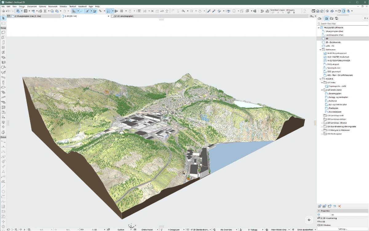 Archicad with the GeoAnvil plugin open and a complete map imported
