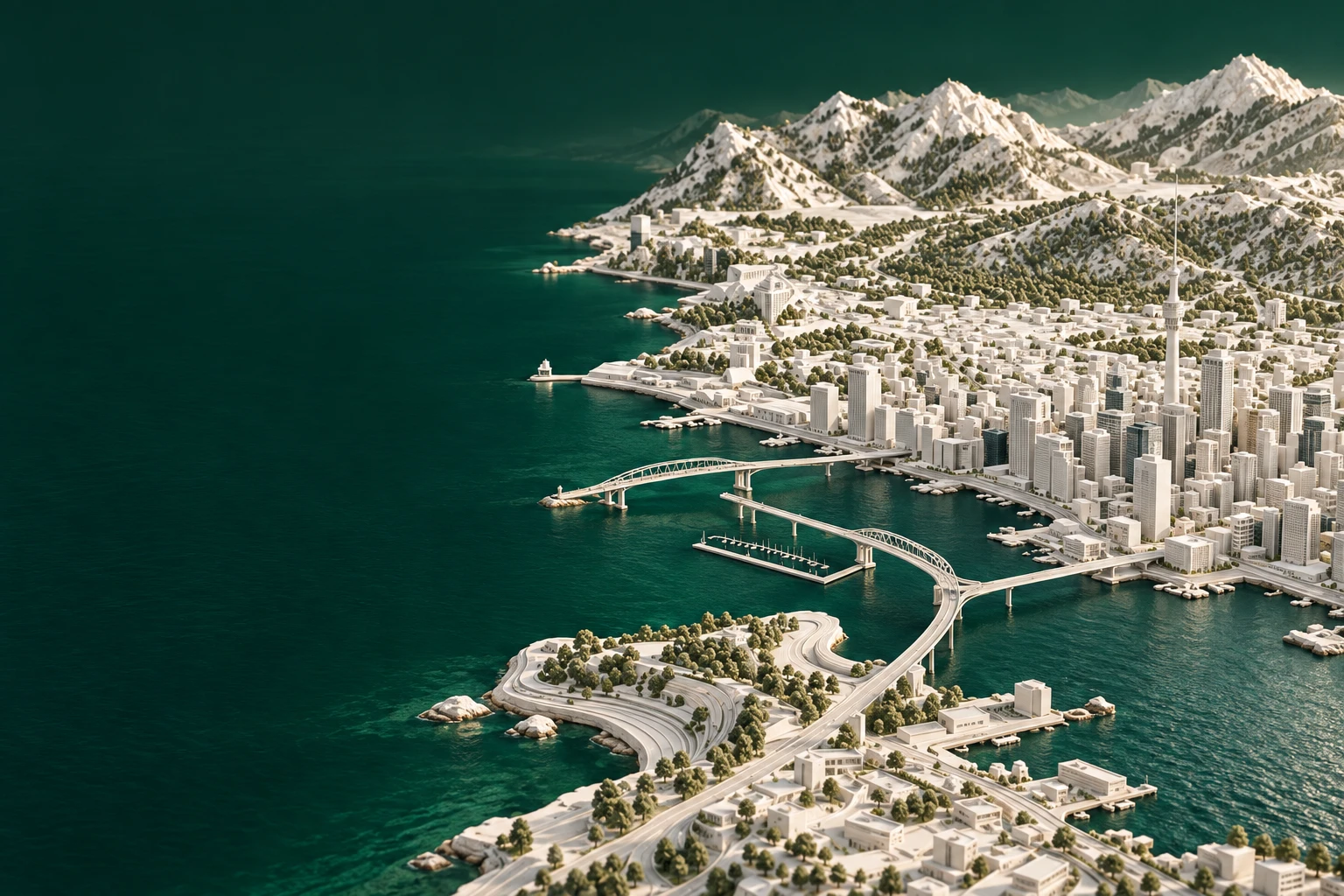 An illustrated ivory architectural landscape, with coastal neighbourhoods, bridges and wooded mountains beside deep green water.
