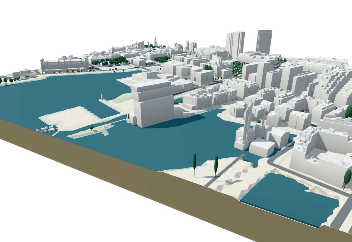 The actual GeoAnvil Bjørvika model, including roofs, terrain, streets, harbour water and trees.